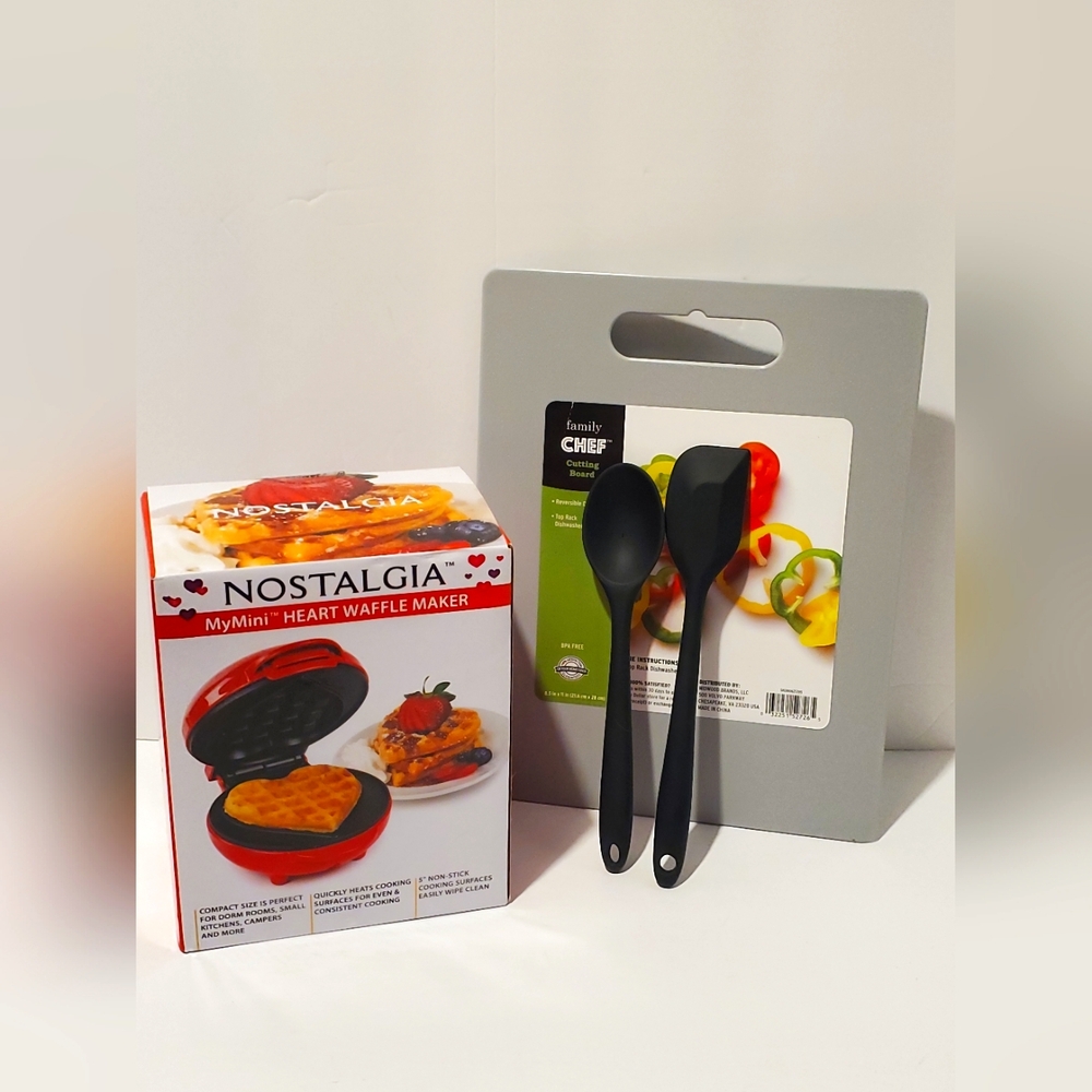 Dorm Kitchen Starter Bundle Heart Waffle Maker Silicone Utensils & Cutting Board